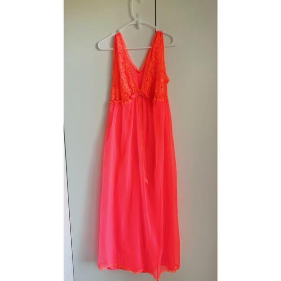 Vintage Lingerie Nightie Neon Coral Orange Lace Size M/Large Fit Bright - Picture 2 of 8